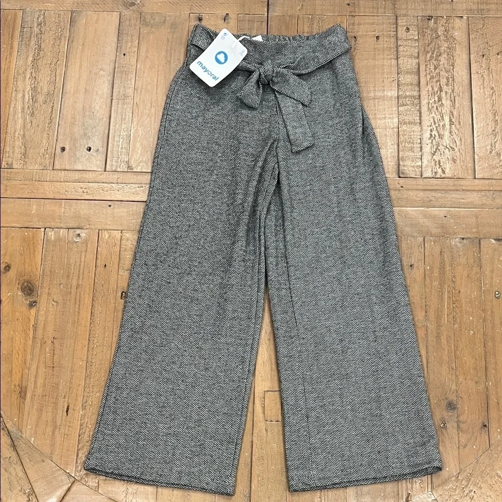 Mayoral jacquard knit Charcoal Textured Trousers girls size 8 nwt tie front